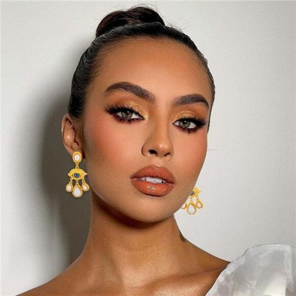 🧿 Gold Evil Eye Dangle Earrings | Lightweight Statement Drop Earrings - Picture 6 of 7